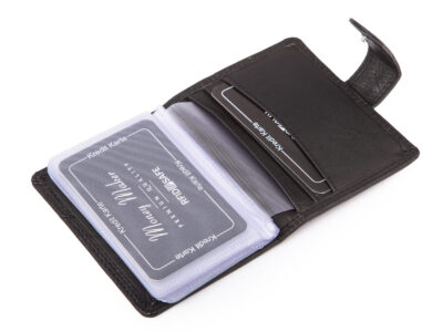 Czarne, skórzane etui na karty płatnicze z ochroną RFID zapinane na zatrzask - obrazek 7