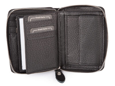 Duży, czarny, skórzany portfel męski zapinany dookoła na zamek błyskawiczny - obrazek 6