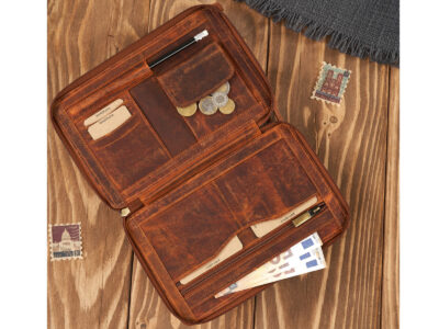 Duża, brązowa, skórzana saszetka męska na dokumenty z paskiem na rękę vintage - obrazek 2