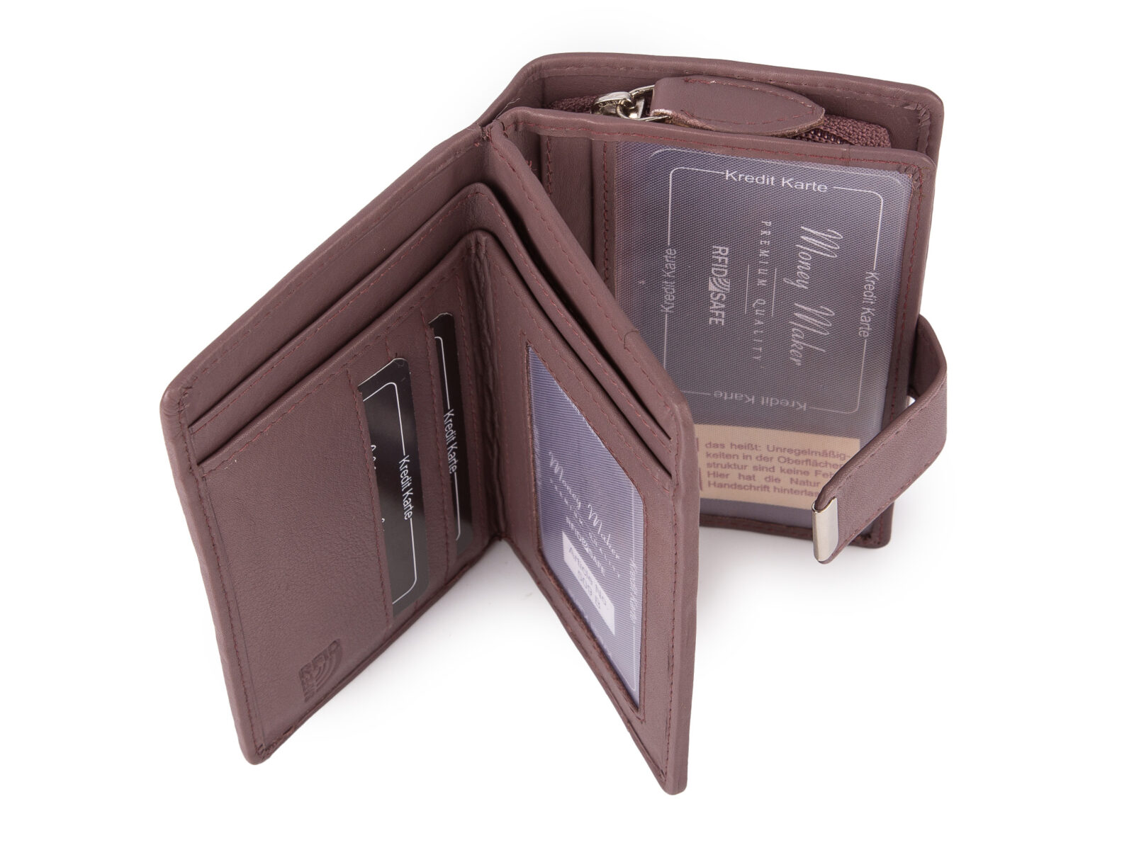 Otwarty skórzany portfel damski mauve z przegródkami RFID