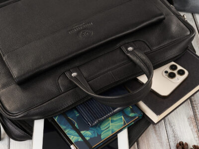 Duża, elegancka torba męska aktówka ze skóry naturalnej, czarna na laptopa - obrazek 3