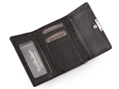 Lakierowany, średni portfel damski czarny w motylki, zapinany na bigiel - obrazek 4