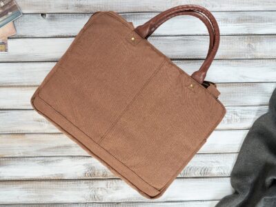 Duża, elegancka, materiałowa torba męska do pracy w kolorze brązowym A4 na laptopa - obrazek 4