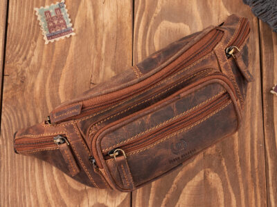 Ciemnobrązowa skórzana saszetka męska biodrowa nerka vintage Paolo Peruzzi - obrazek 5