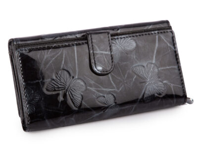 Duży portfel damski lakierowany w motylki, czarny, skórzany z RFID - obrazek 2