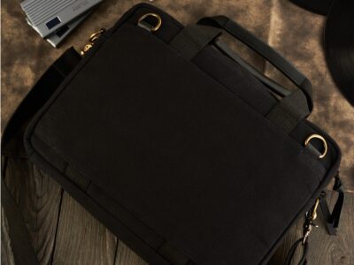 Czarna torba męska do pracy, z kieszenią na laptopa, z canvasu i skóry naturalnej - obrazek 4