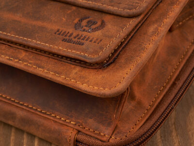 Duża, brązowa, skórzana saszetka męska na dokumenty z paskiem na rękę vintage - obrazek 4