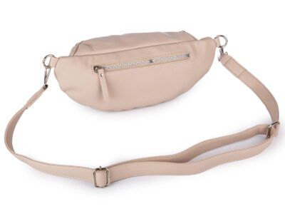 Beżowa, duża i elegancka saszetka damska typu nerka z paskiem na ramię - obrazek 2