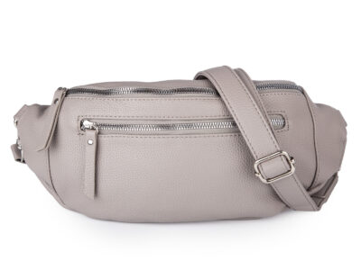 Szara, duża i elegancka saszetka damska typu nerka z paskiem na ramię