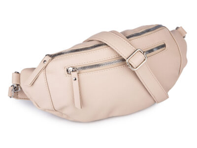 Beżowa, duża i elegancka saszetka damska typu nerka z paskiem na ramię - obrazek 4