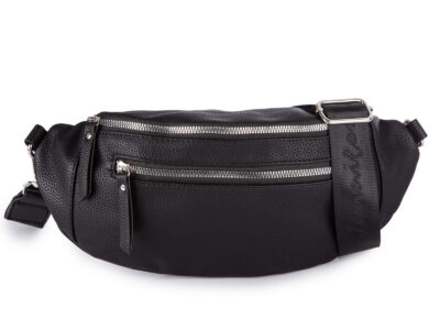 Czarna, duża i elegancka saszetka damska typu nerka z paskiem na ramię - obrazek 1