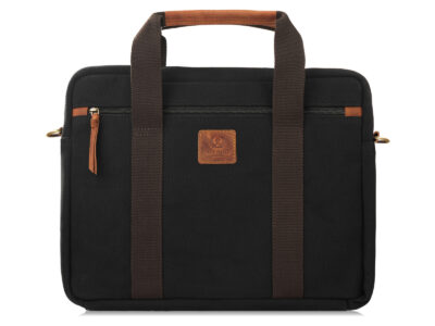Czarno-brązowa torba męska do pracy, z kieszenią na laptopa, z canvasu i skóry naturalnej