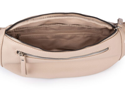 Beżowa, duża i elegancka saszetka damska typu nerka z paskiem na ramię - obrazek 3