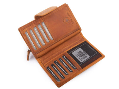 Pojemny, skórzany portfel damski jasnobrązowy z tłoczonym kwiatowym wzorem vintage - obrazek 4