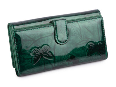 Duży portfel damski lakierowany w motylki, zielony, skórzany z RFID - obrazek 2