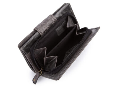 Pojemny, skórzany portfel damski czarny z tłoczonym kwiatowym wzorem vintage - obrazek 9