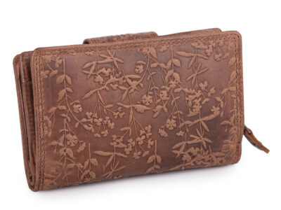 Pojemny, skórzany portfel damski ciemnobrązowy z tłoczonym kwiatowym wzorem vintage - obrazek 2