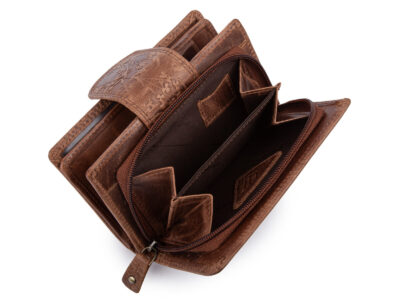 Pojemny, skórzany portfel damski ciemnobrązowy z tłoczonym kwiatowym wzorem vintage - obrazek 8