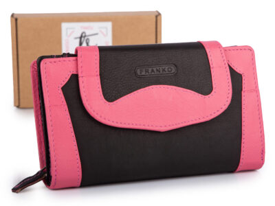 Duży, czarno-różowy, portfel damski z miękkiej skóry naturalnej Franko