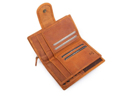 Pojemny, skórzany portfel damski jasnobrązowy z tłoczonym kwiatowym wzorem vintage - obrazek 6