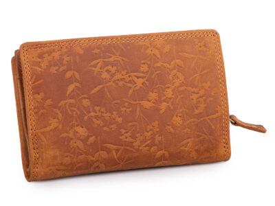 Pojemny, skórzany portfel damski jasnobrązowy z tłoczonym kwiatowym wzorem vintage - obrazek 2
