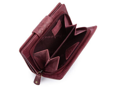 Pojemny, skórzany portfel damski bordowy z tłoczonym kwiatowym wzorem vintage - obrazek 8