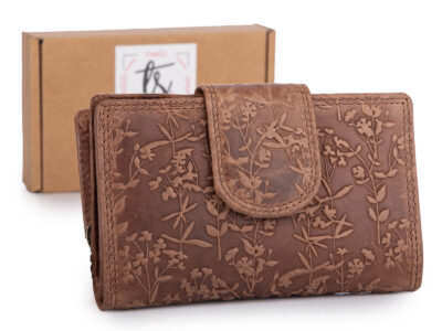 Pojemny, skórzany portfel damski ciemnobrązowy z tłoczonym kwiatowym wzorem vintage - obrazek 1