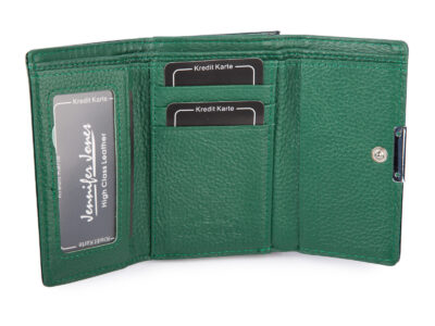 Lakierowany, średni portfel damski zielony w motylki, zapinany na bigiel - obrazek 3