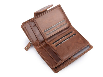 Pojemny, skórzany portfel damski ciemnobrązowy z tłoczonym kwiatowym wzorem vintage - obrazek 6