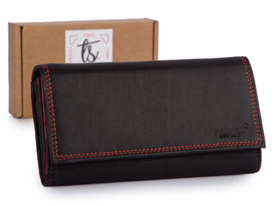 Czarno-czerwony, pojemny, skórzany portfel damski poziomy Franko