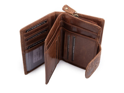 Pojemny, skórzany portfel damski ciemnobrązowy z tłoczonym kwiatowym wzorem vintage - obrazek 7