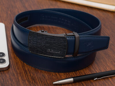 Skórzany, granatowy pasek męski do spodni z czarną klamrą automatyczną 110 cm - obrazek 3