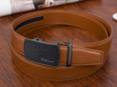 Skórzany, brązowy pasek męski do spodni z czarną klamrą automatyczną 110 cm - obrazek 3