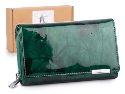 Duży portfel damski lakierowany zielony z motylkami skóra naturalna Jennifer Jones