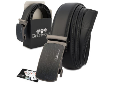 Skórzany, czarny pasek męski do spodni z czarną klamrą automatyczną 110 cm