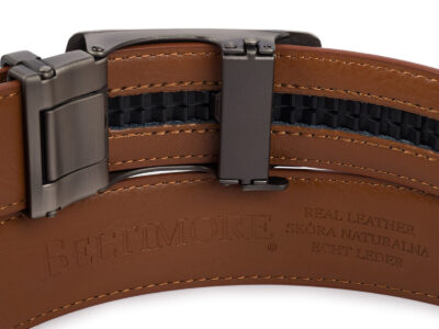 Skórzany pasek męski do spodni brązowy ze srebrną klamrą automatyczną 110 cm - obrazek 6