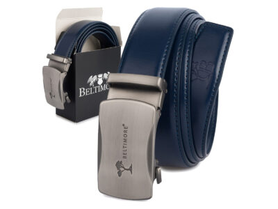 Skórzany pasek męski do spodni granatowy ze srebrną klamrą automatyczną 110 cm