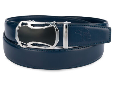 Granatowy skórzany pasek męski do spodni z klamrą automatyczną w nowoczesnym kształcie 110 cm - obrazek 4