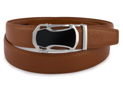 Brązowy skórzany pasek męski do spodni z klamrą automatyczną w nowoczesnym kształcie 110 cm - obrazek 4