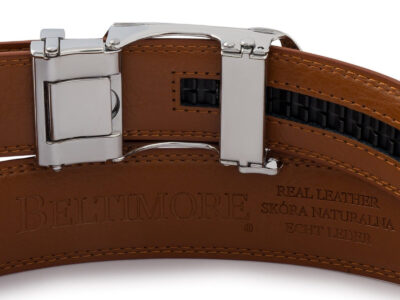 Brązowy skórzany pasek męski do spodni z klamrą automatyczną w nowoczesnym kształcie 110 cm - obrazek 5