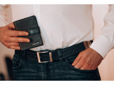 Elegancki, granatowy, skórzany pasek męski do spodni z metalową klamrą klasyczną 110 cm - obrazek 5