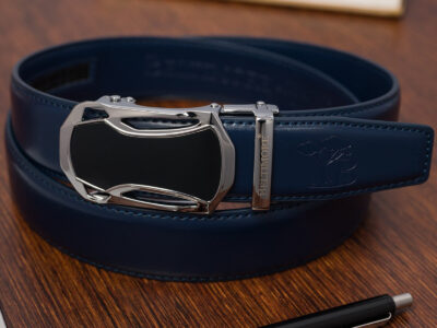 Granatowy skórzany pasek męski do spodni z klamrą automatyczną w nowoczesnym kształcie 110 cm - obrazek 3