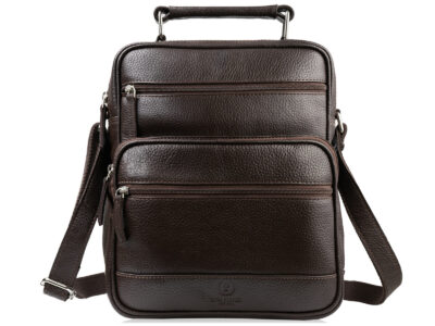 Ciemnobrązowa, elegancka pionowa torba męska na ramię ze skóry naturalnej Paolo Peruzzi