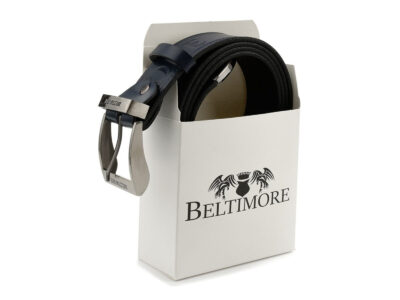 Elegancki, granatowy, skórzany pasek męski do spodni z metalową klamrą klasyczną 110 cm - obrazek 7