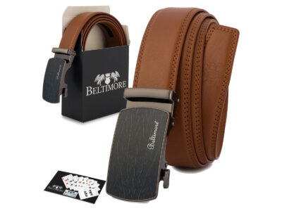 Skórzany, brązowy pasek męski do spodni z czarną klamrą automatyczną 110 cm