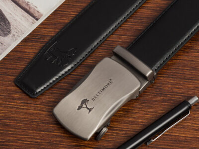 Skórzany pasek męski do spodni czarny ze srebrną klamrą automatyczną 110 cm - obrazek 3