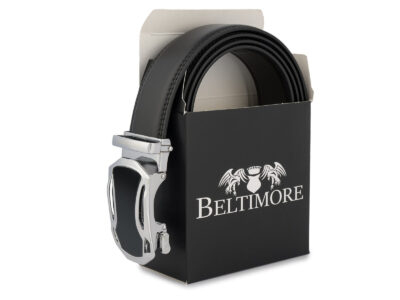 Czarny skórzany pasek męski do spodni z klamrą automatyczną w nowoczesnym kształcie 110 cm - obrazek 4