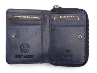 Granatowy mały portfel damski skórzany z kwiatowym wzorem szyty ręcznie RFID - obrazek 3