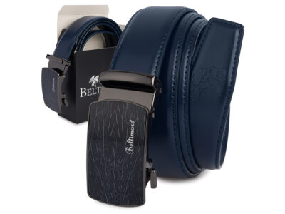 Skórzany, granatowy pasek męski do spodni z czarną klamrą automatyczną 110 cm