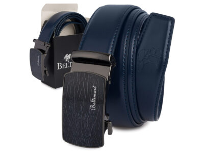 Skórzany, granatowy pasek męski do spodni z czarną klamrą automatyczną 110 cm